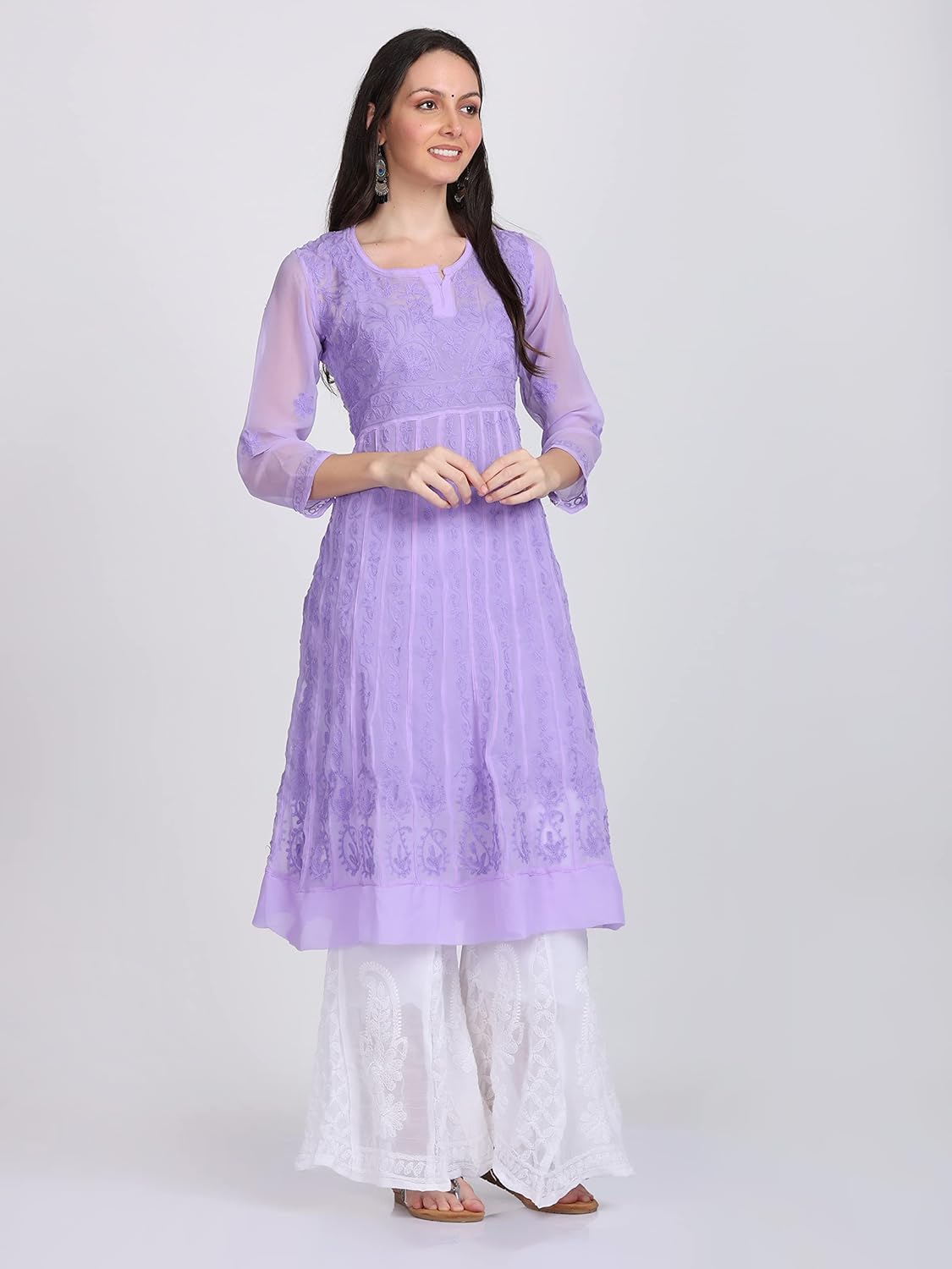 Faux Georgette Chikankari Flared Anarkali with Matching Dupatta & Cotton Inner