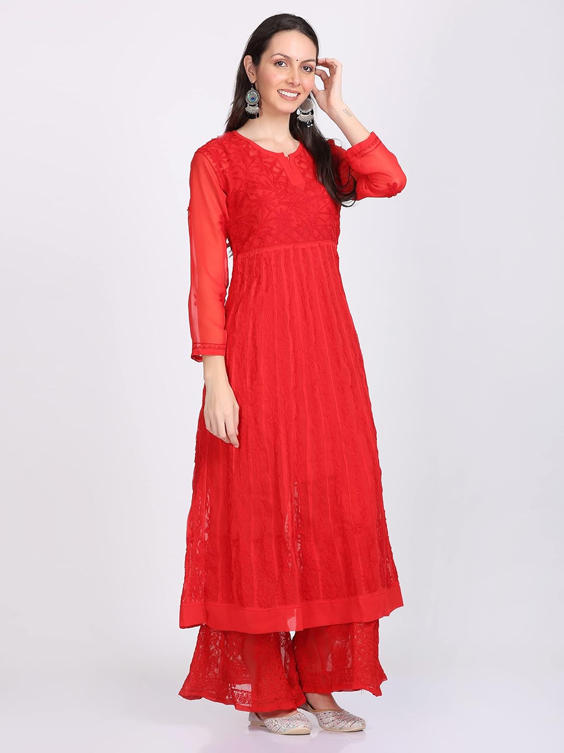 Faux Georgette Chikankari Flared Anarkali with Matching Dupatta & Cotton Inner