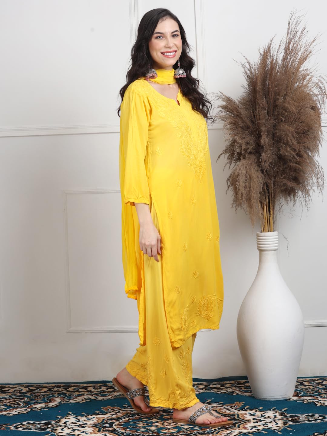 Ombre Dyed Shaded Rayon Chikankari Kurti, Palazzo and Dupatta Set.