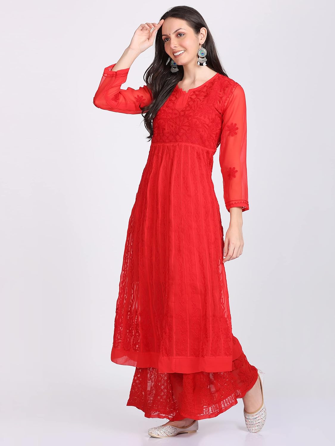 Faux Georgette Chikankari Flared Anarkali with Matching Dupatta & Cotton Inner