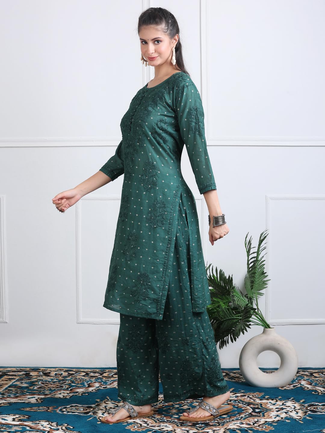 Women's Premium Dyed Chanderi Silk Chikankari Kurti and Palazzo Set