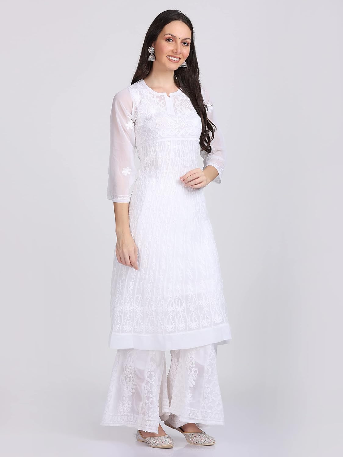 Faux Georgette Chikankari Flared Anarkali with Matching Dupatta & Cotton Inner