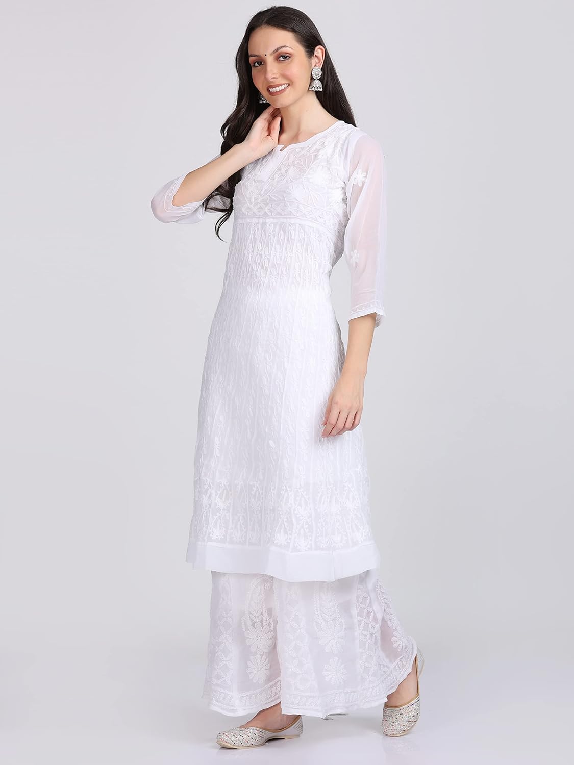 Faux Georgette Chikankari Flared Anarkali with Matching Dupatta & Cotton Inner