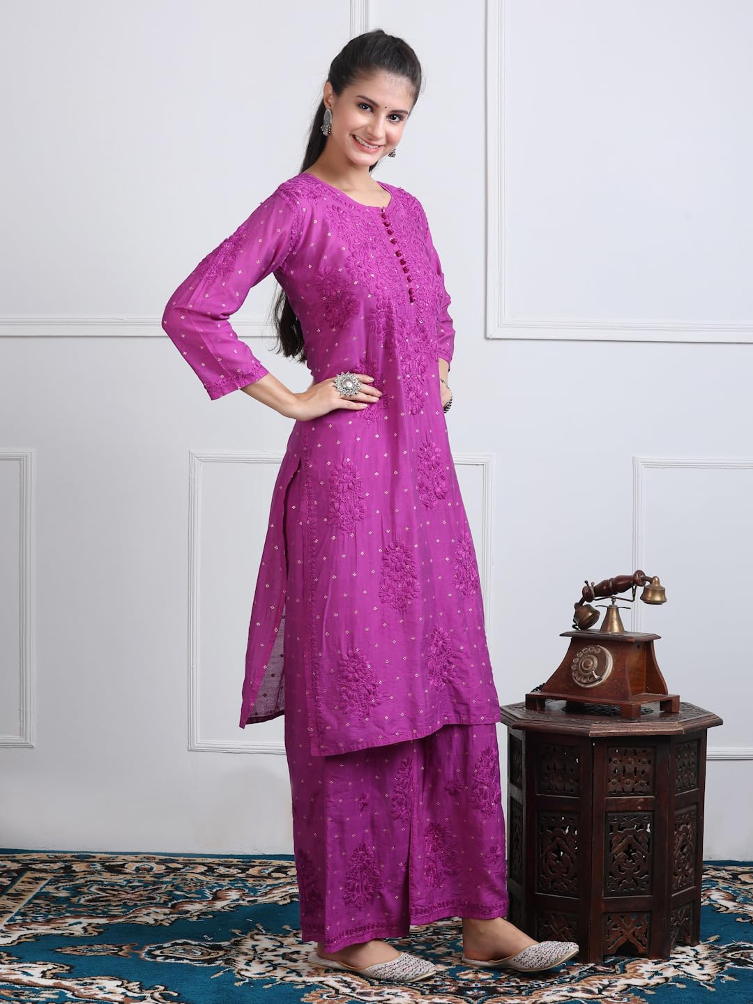 Women's Premium Dyed Chanderi Silk Chikankari Kurti and Palazzo Set