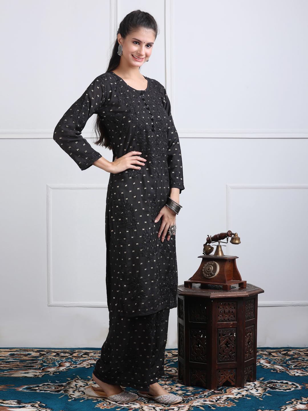 Women's Premium Dyed Chanderi Silk Chikankari Kurti and Palazzo Set