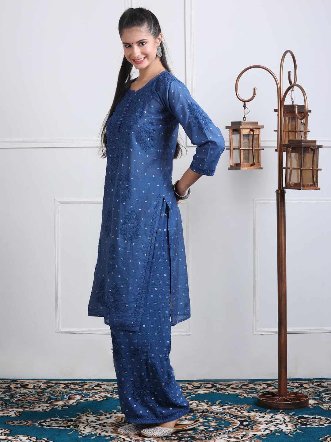 Women's Premium Dyed Chanderi Silk Chikankari Kurti and Palazzo Set