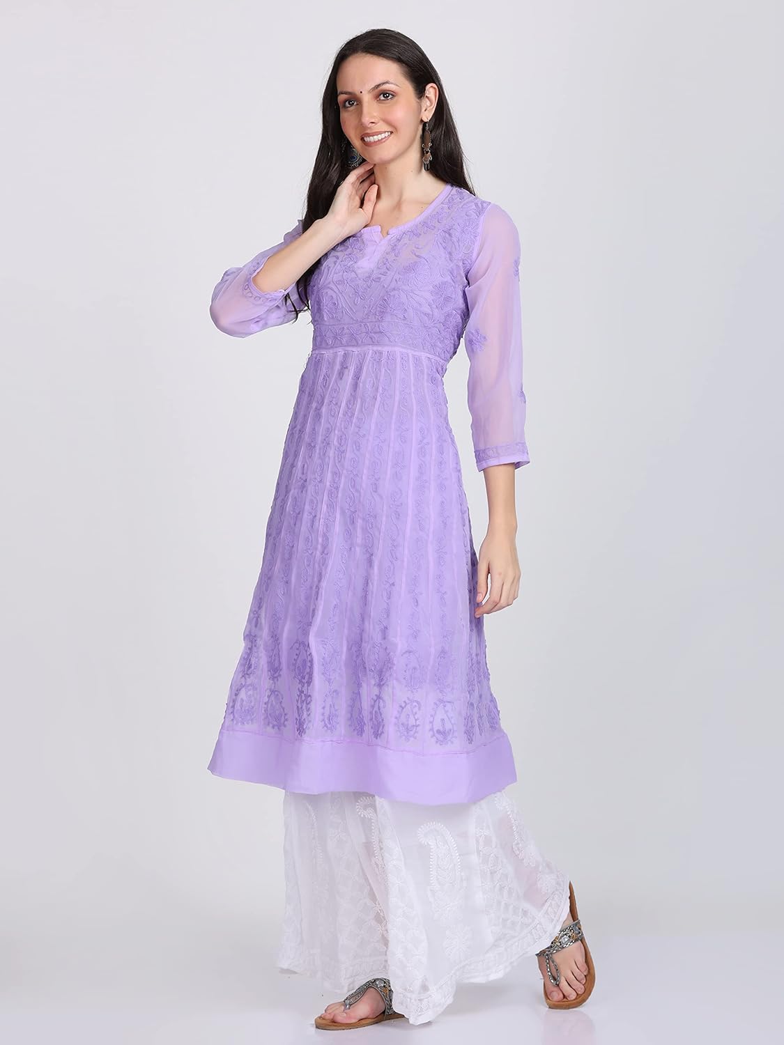 Faux Georgette Chikankari Flared Anarkali with Matching Dupatta & Cotton Inner