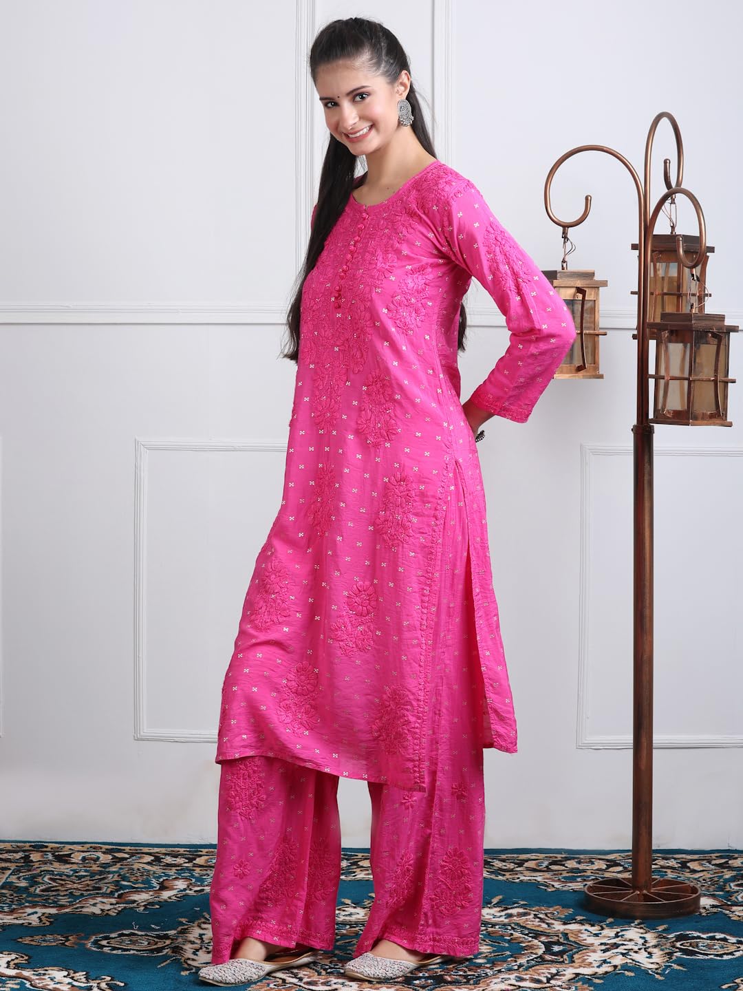 Women's Premium Dyed Chanderi Silk Chikankari Kurti and Palazzo Set