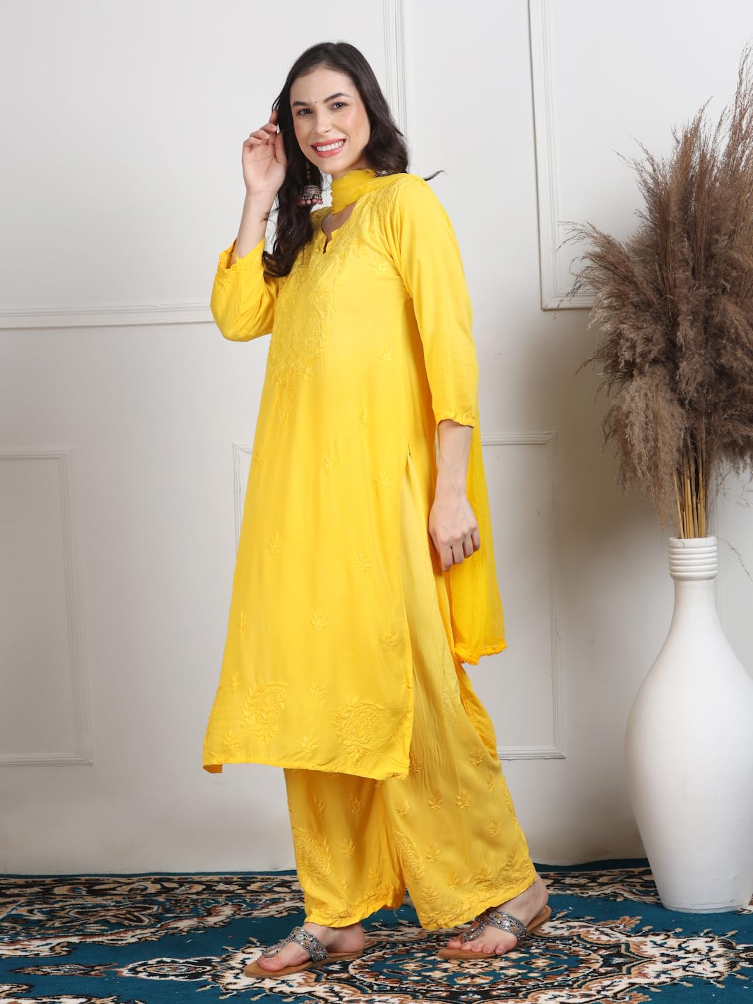 Ombre Dyed Shaded Rayon Chikankari Kurti, Palazzo and Dupatta Set.