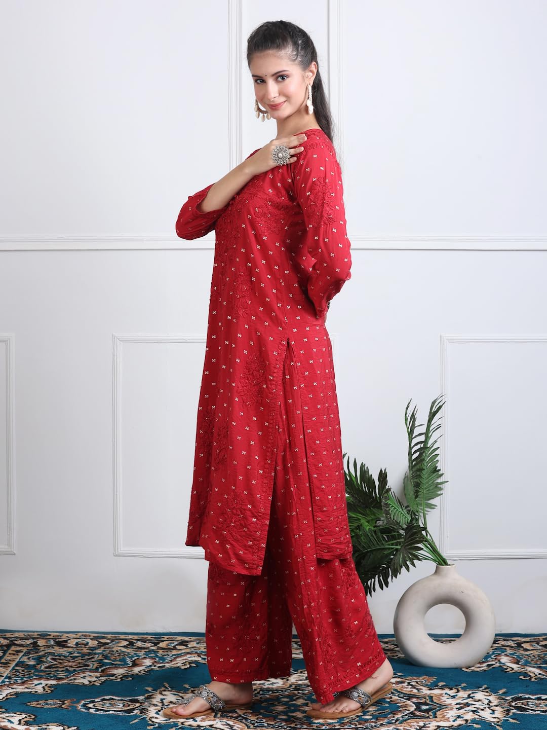 Women's Premium Dyed Chanderi Silk Chikankari Kurti and Palazzo Set