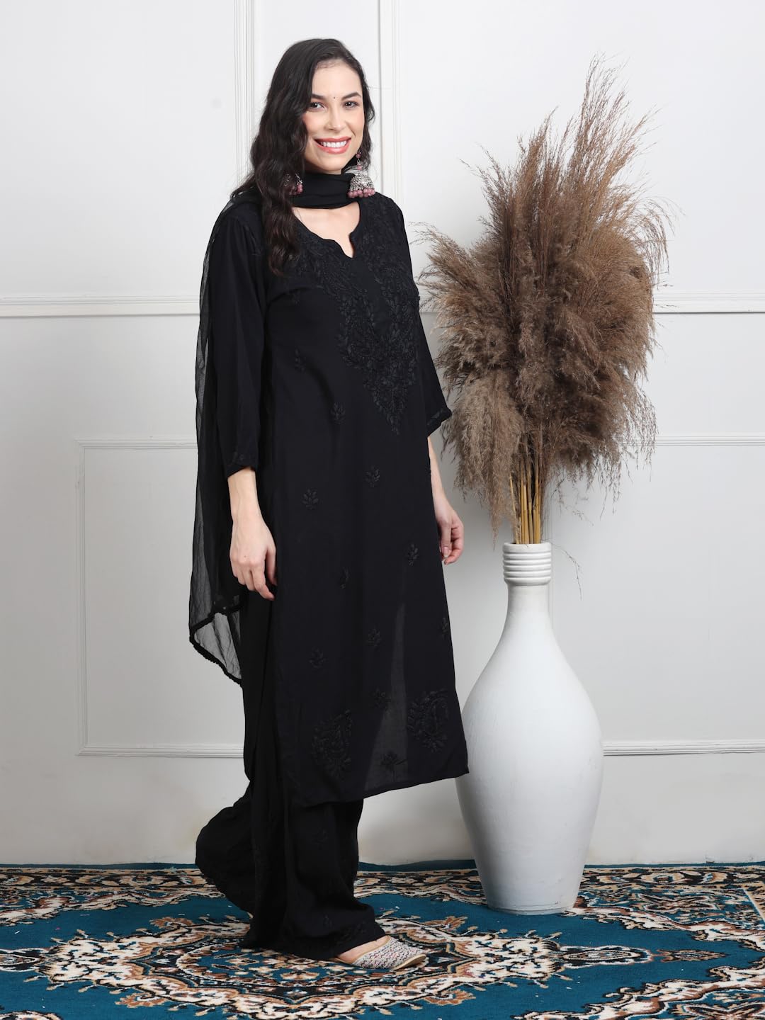 Ombre Dyed Shaded Rayon Chikankari Kurti, Palazzo and Dupatta Set.