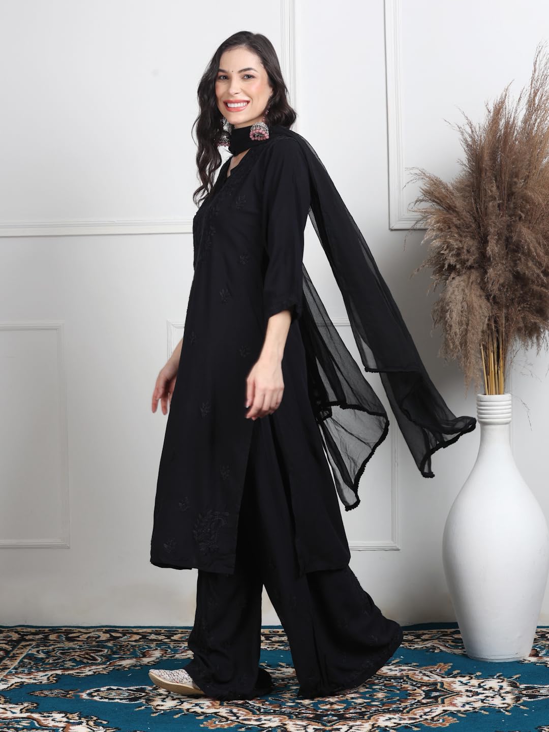 Ombre Dyed Shaded Rayon Chikankari Kurti, Palazzo and Dupatta Set.