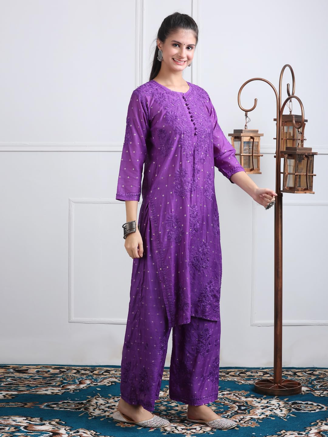 Women's Premium Dyed Chanderi Silk Chikankari Kurti and Palazzo Set