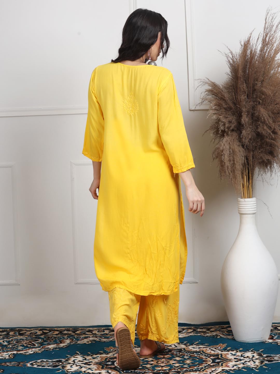 Ombre Dyed Shaded Rayon Chikankari Kurti, Palazzo and Dupatta Set.