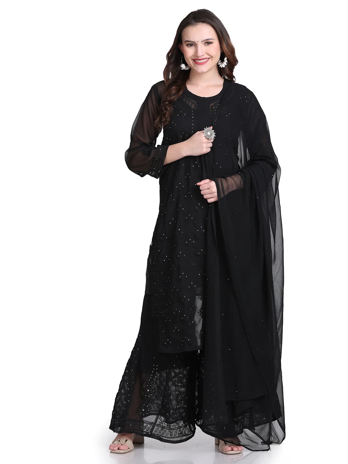 Chiffon Georgette Muquesh Embellishments Straight Kurta, Sharara & Dupatta Set With Matching Cotton inner