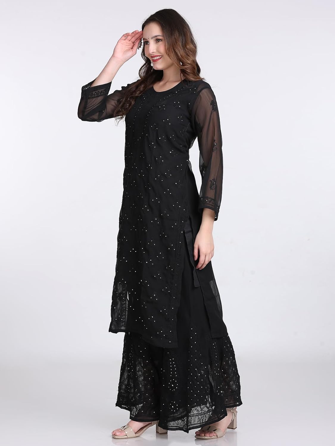 Chiffon Georgette Muquesh Embellishments Straight Kurta, Sharara & Dupatta Set With Matching Cotton inner