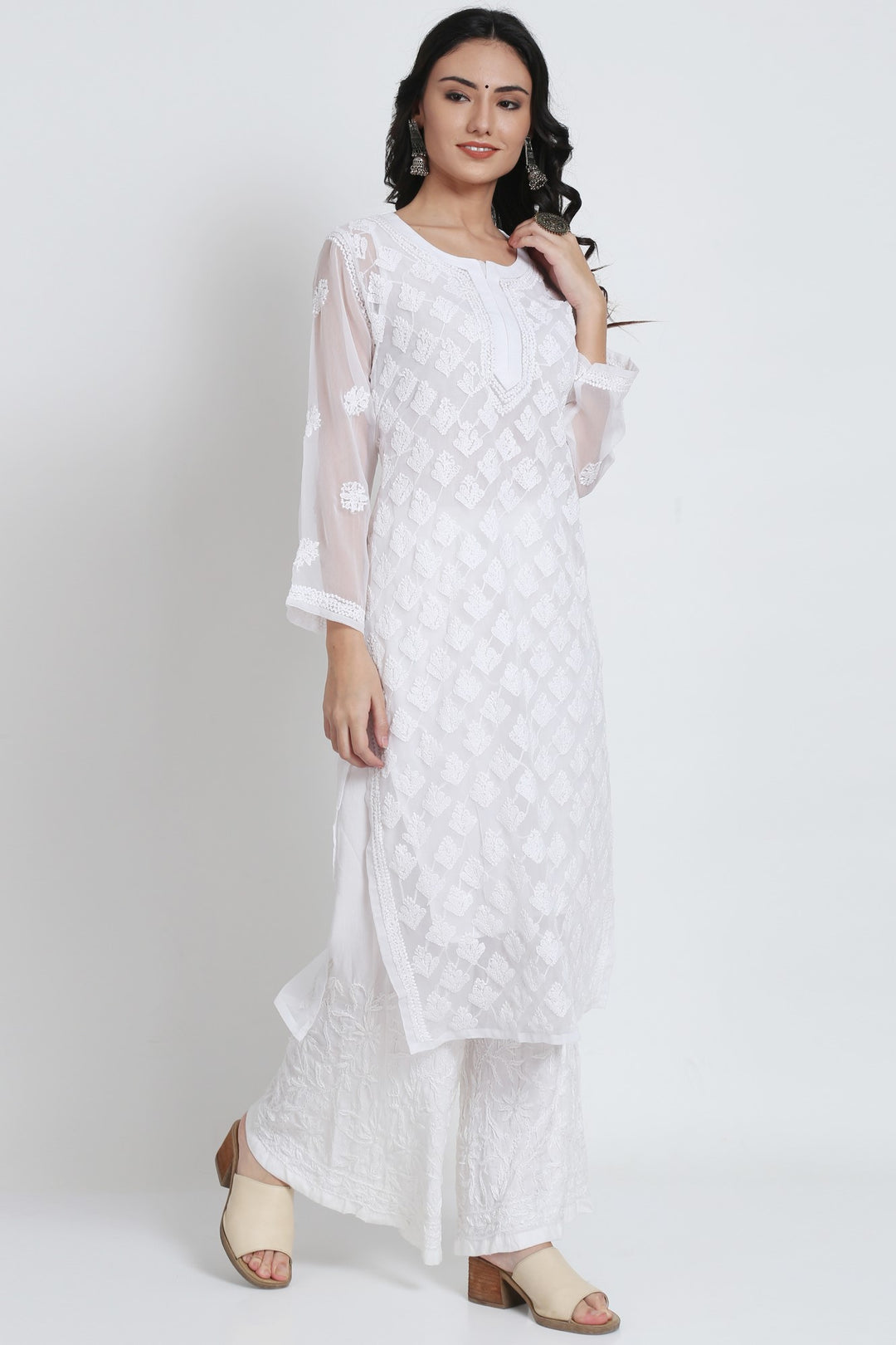 Women's Chiffon Georgette Chikankari Booti Jaal Kurti With Matching Cotton Inner