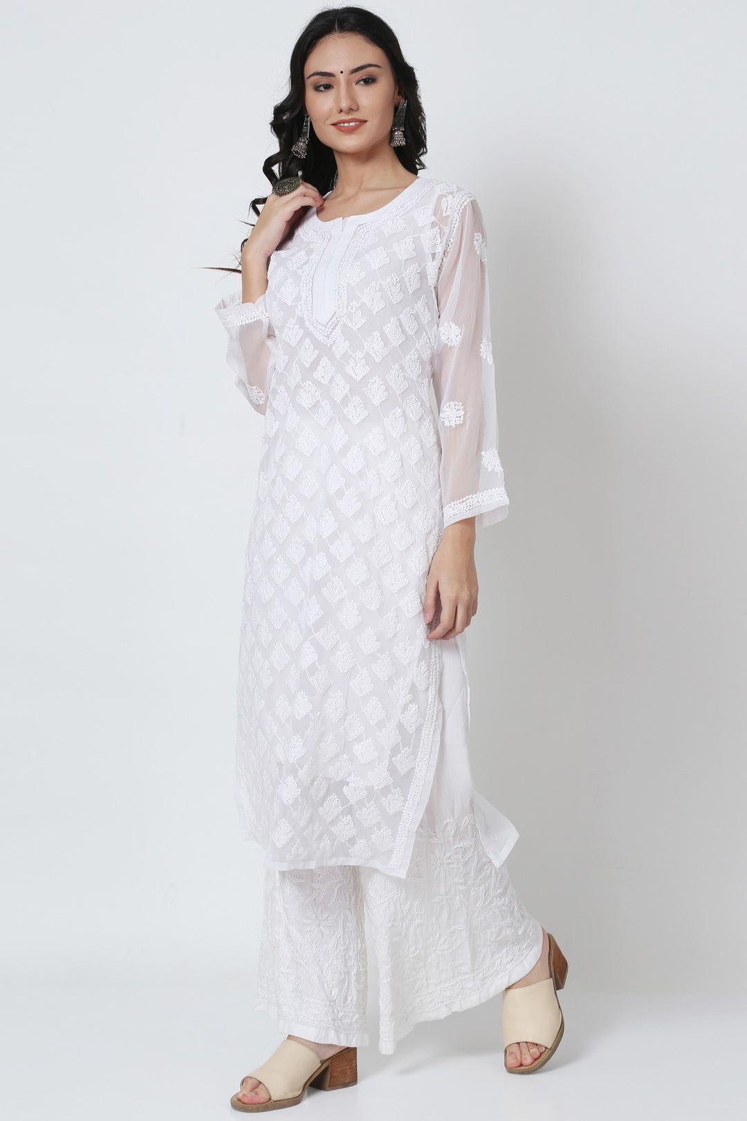 Women's Chiffon Georgette Chikankari Booti Jaal Kurti With Matching Cotton Inner