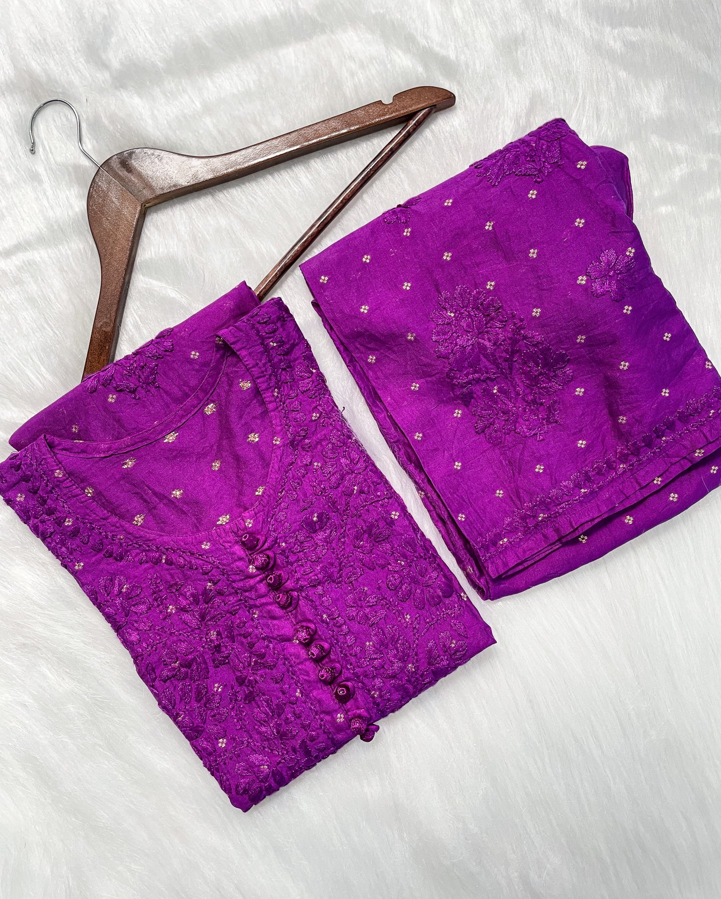 Premium Dyed Chanderi Silk Lucknowi Chikankari Kurti and Palazzo Set for Women