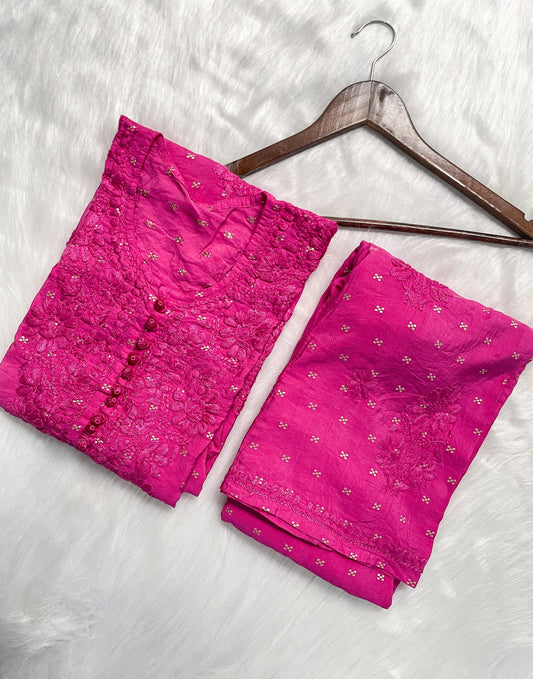 Premium Dyed Chanderi Silk Lucknowi Chikankari Kurti and Palazzo Set for Women