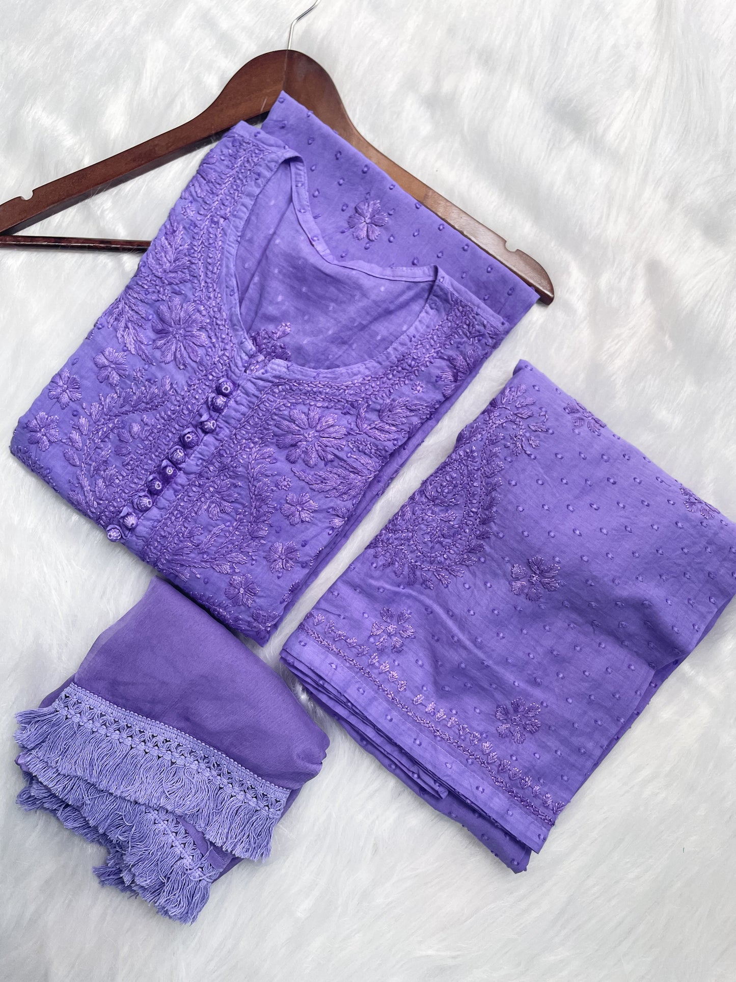 Handcrafted Dyed Lucknowi Chikankari Cotton Kurti, Palazzo & Dupatta Set
