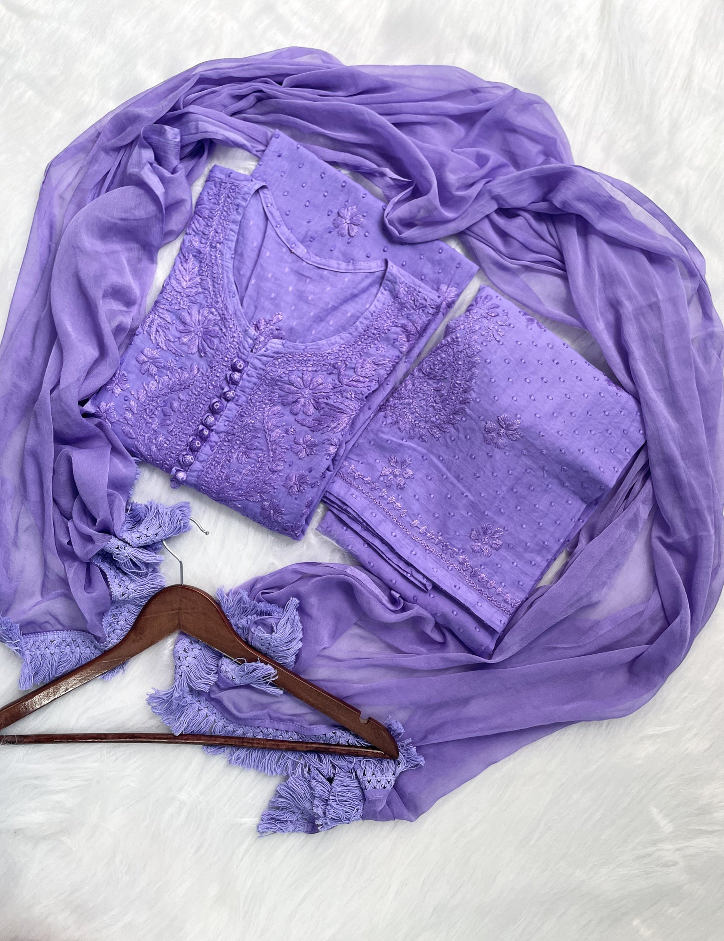 Handcrafted Dyed Lucknowi Chikankari Cotton Kurti, Palazzo & Dupatta Set