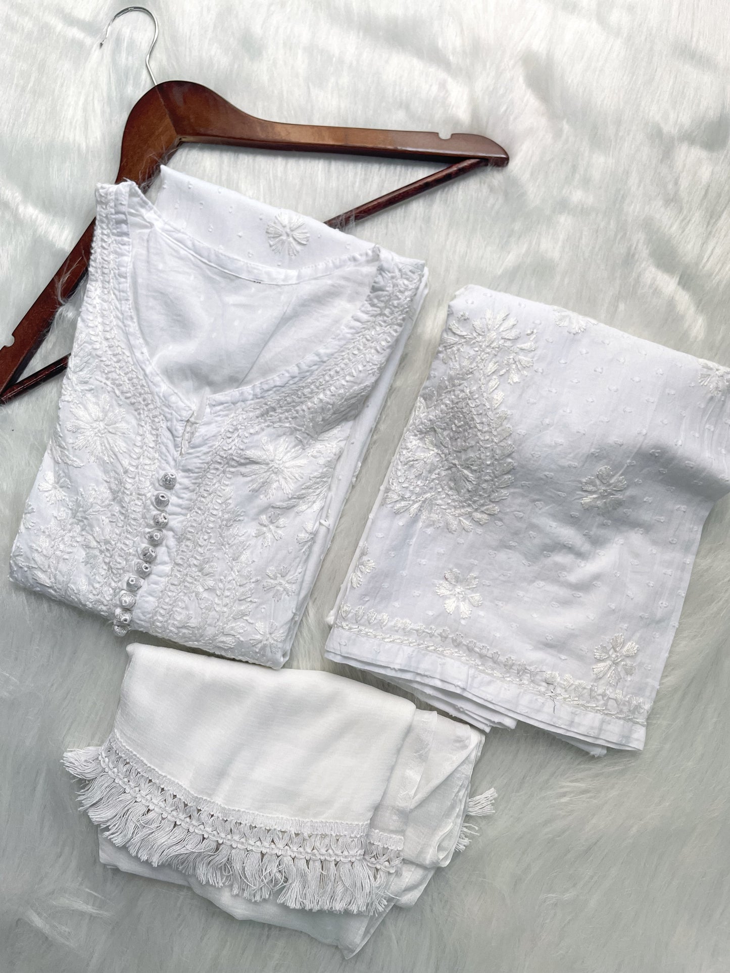 Handcrafted Dyed Lucknowi Chikankari Cotton Kurti, Palazzo & Dupatta Set