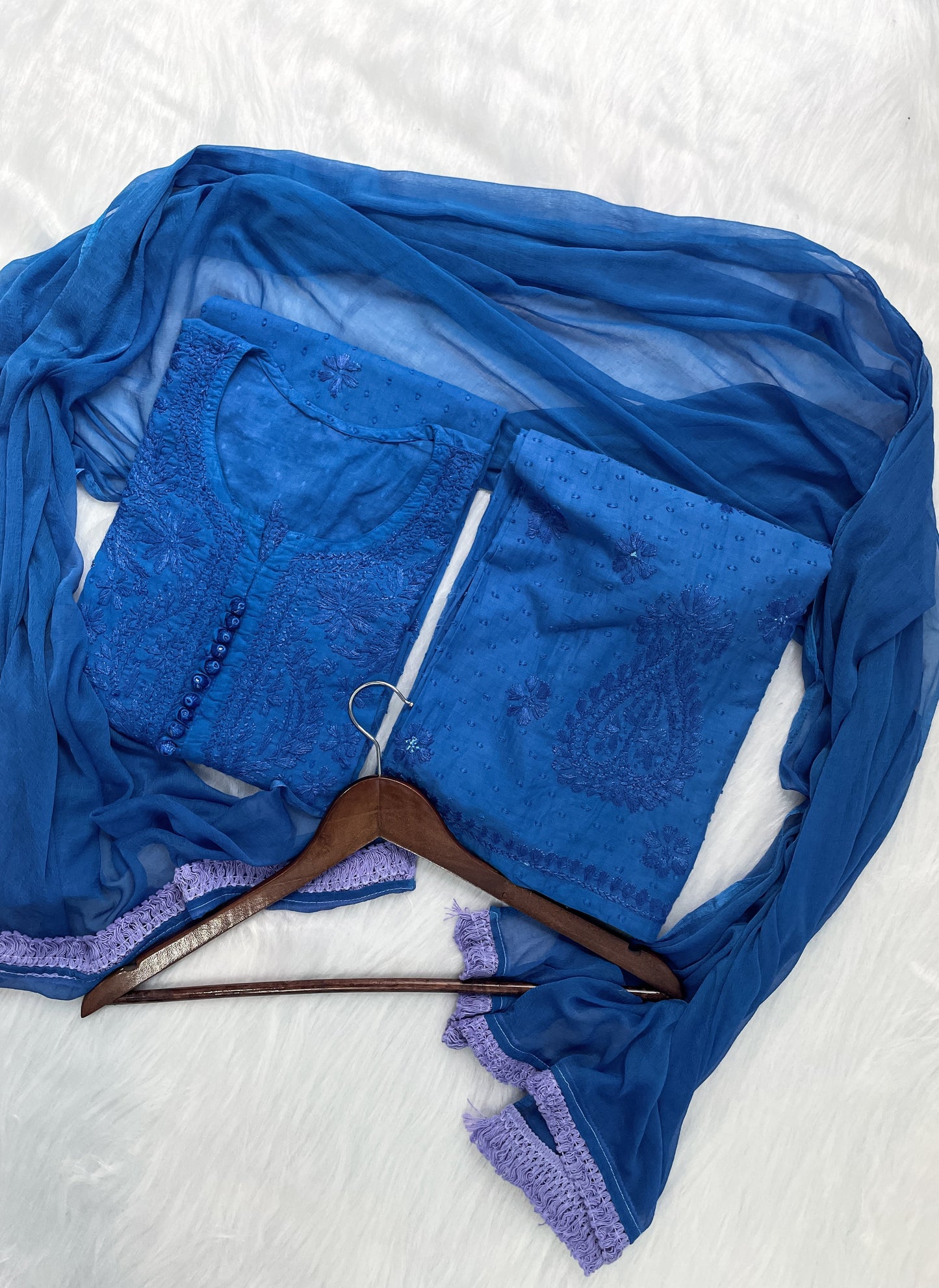 Handcrafted Dyed Lucknowi Chikankari Cotton Kurti, Palazzo & Dupatta Set