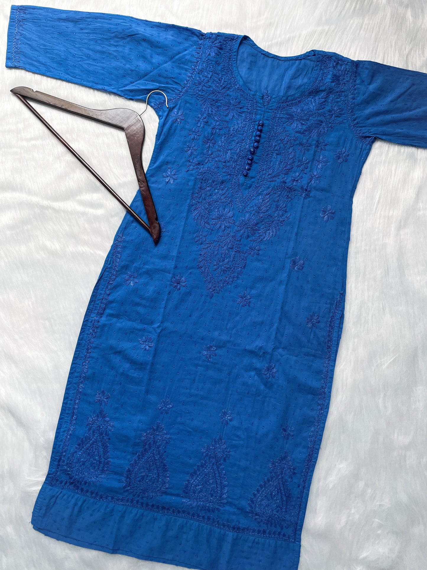 Handcrafted Dyed Lucknowi Chikankari Cotton Kurti, Palazzo & Dupatta Set