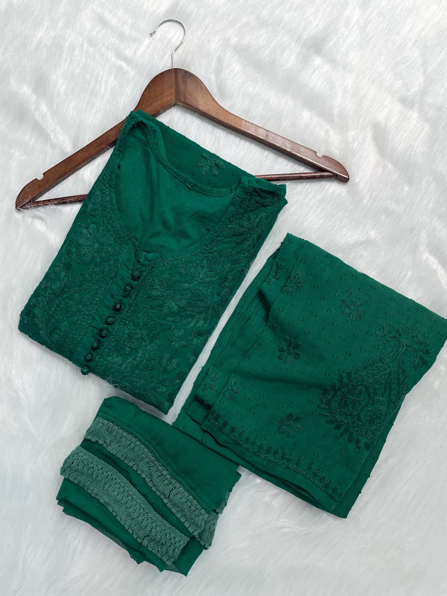 Handcrafted Dyed Lucknowi Chikankari Cotton Kurti, Palazzo & Dupatta Set