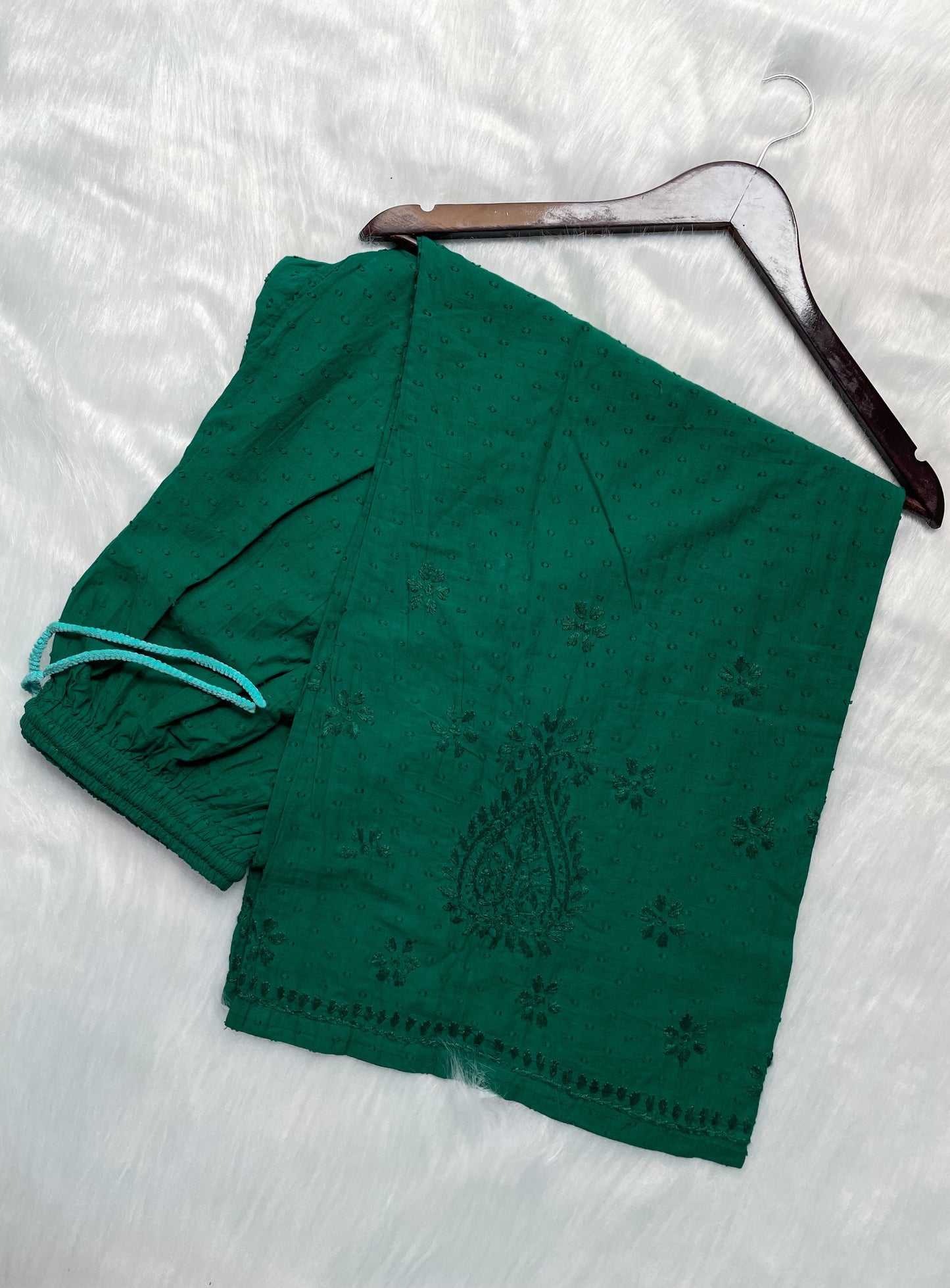 Handcrafted Dyed Lucknowi Chikankari Cotton Kurti, Palazzo & Dupatta Set