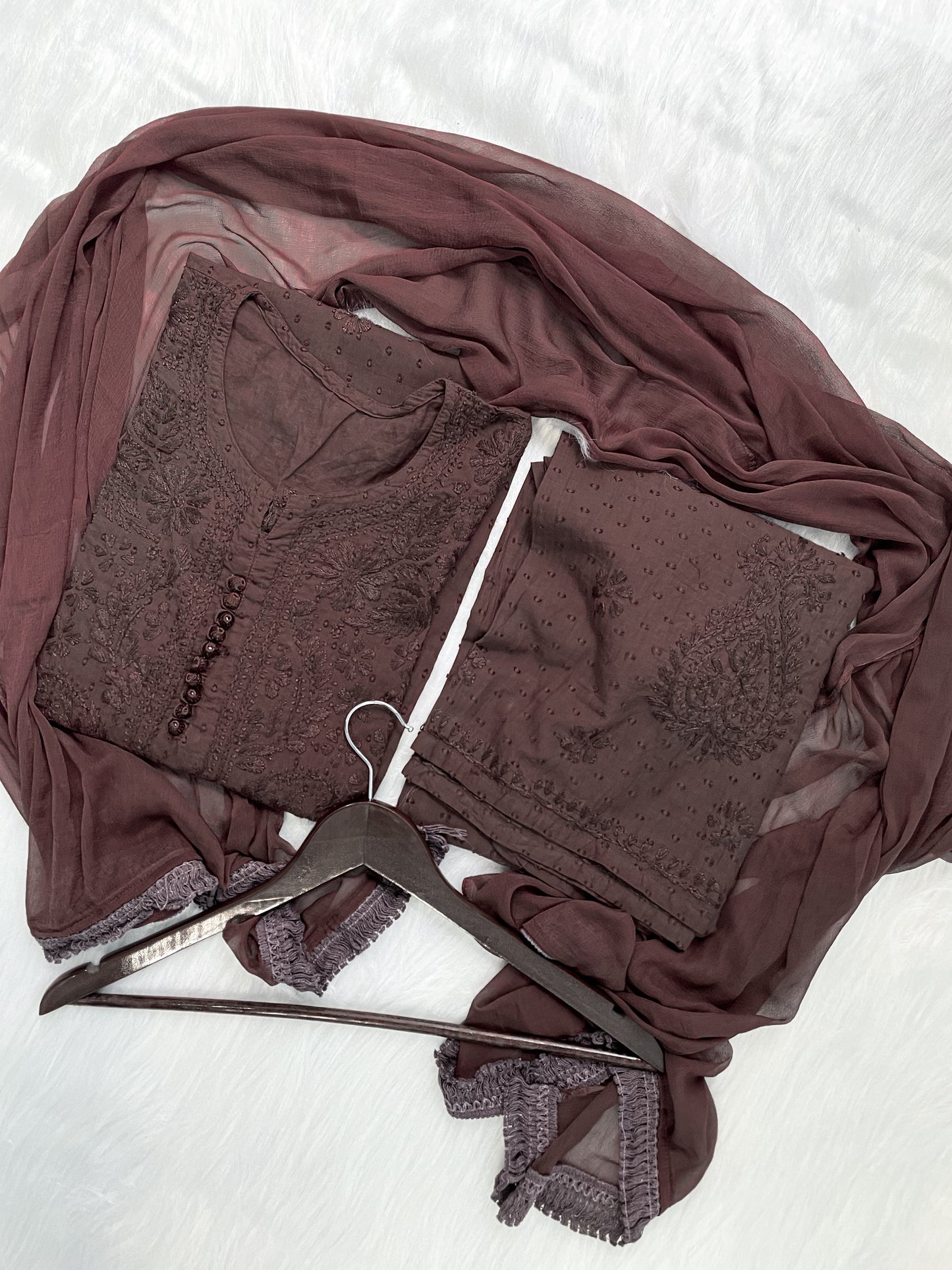 Handcrafted Dyed Lucknowi Chikankari Cotton Kurti, Palazzo & Dupatta Set