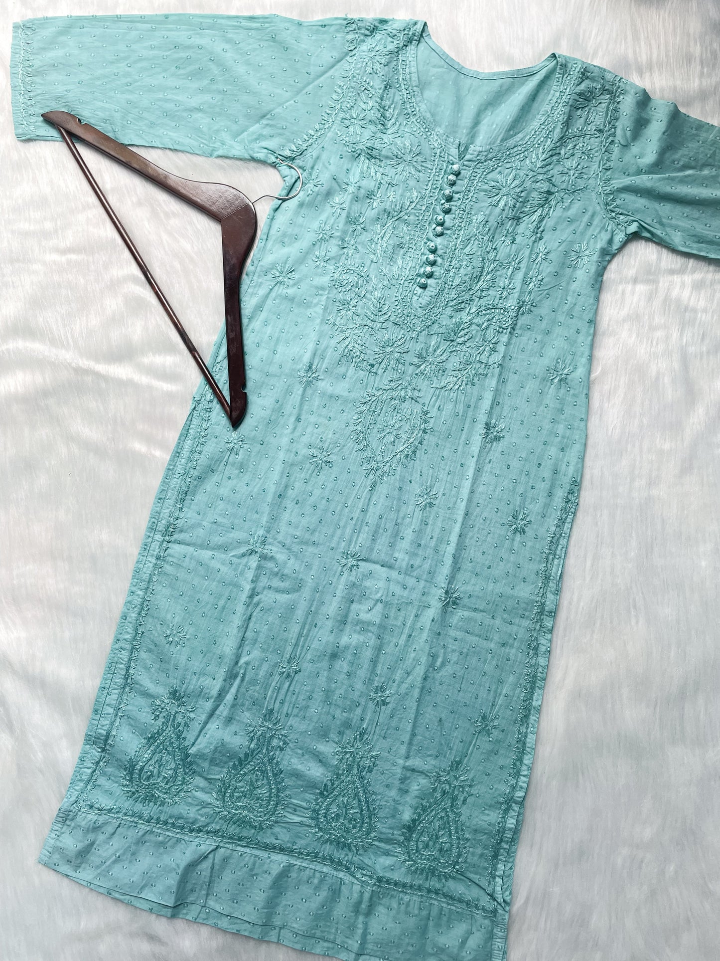 Handcrafted Dyed Lucknowi Chikankari Cotton Kurti, Palazzo & Dupatta Set