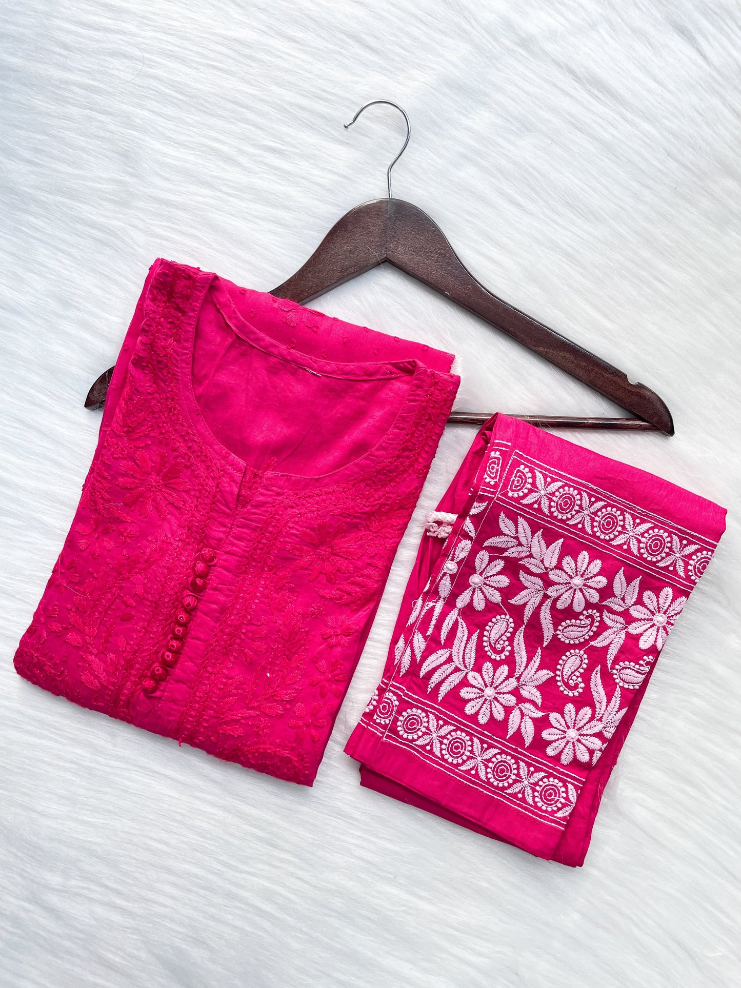 Dyed Cotton Chikankari Kurti & Lycra Pant Set, Pockets Both Side of the Pant