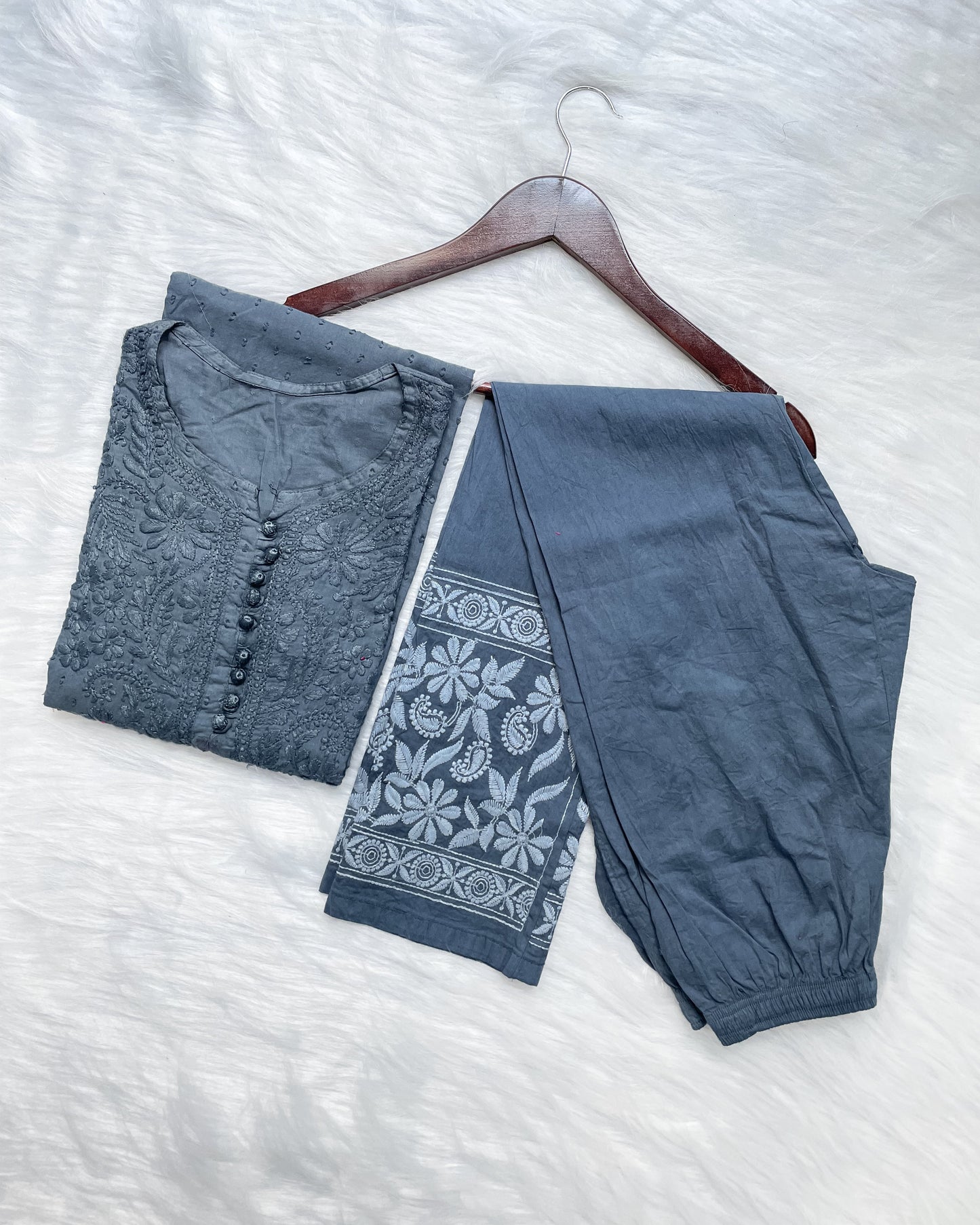 Dyed Cotton Chikankari Kurti & Lycra Pant Set, Pockets Both Side of the Pant