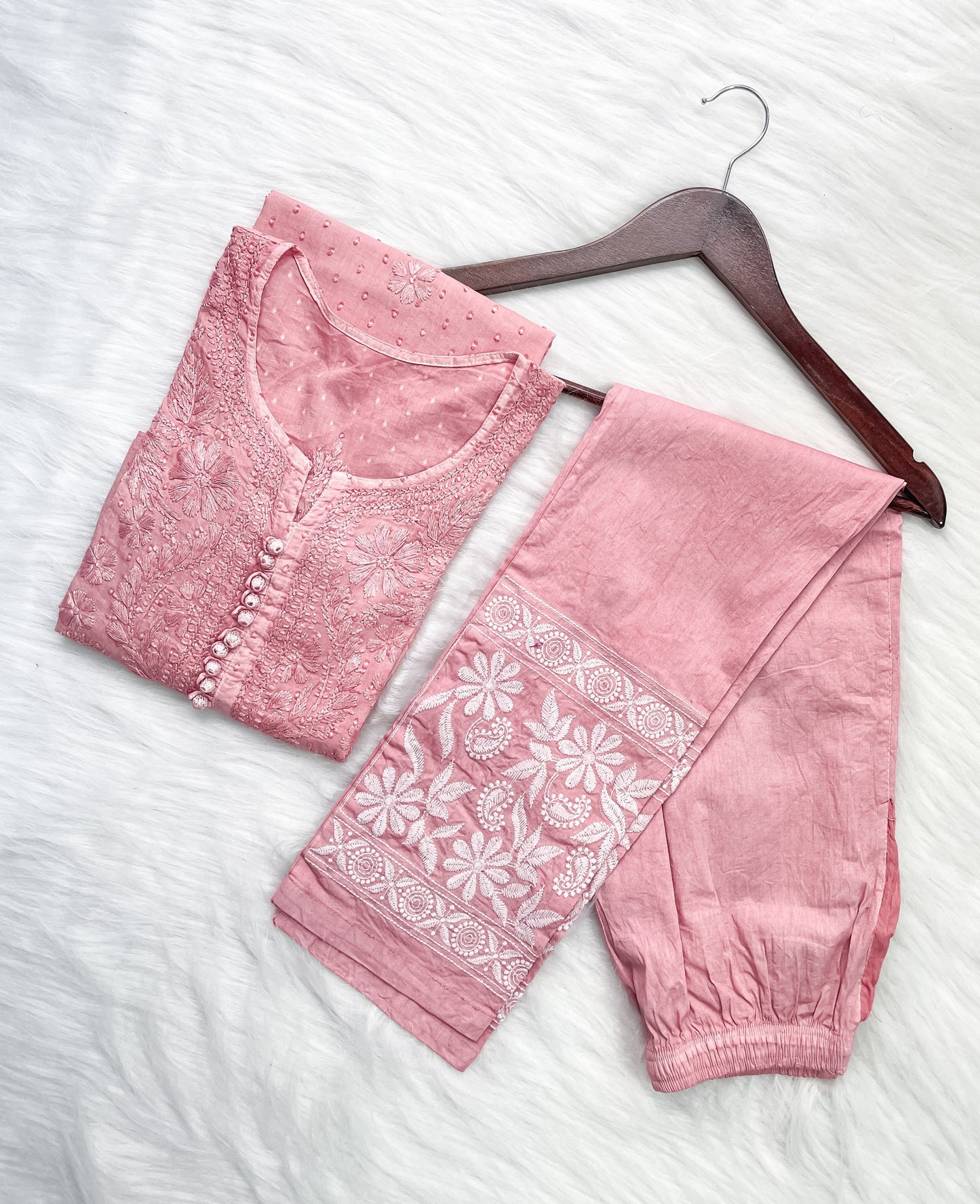 Dyed Cotton Chikankari Kurti & Lycra Pant Set, Pockets Both Side of the Pant