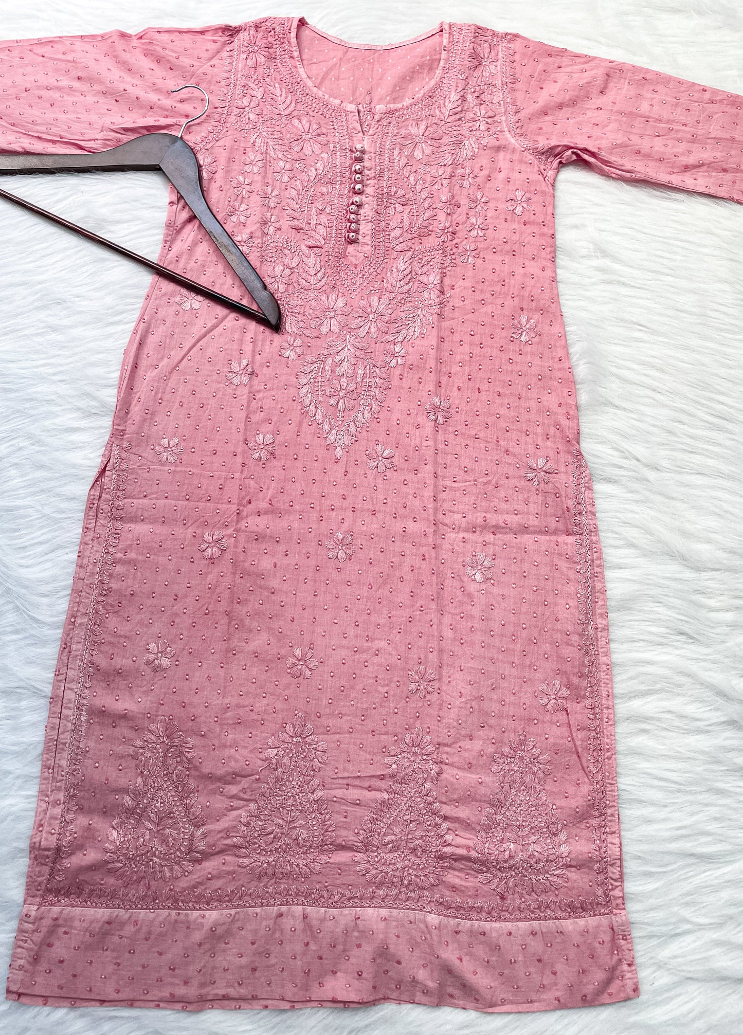 Dyed Cotton Chikankari Kurti & Lycra Pant Set, Pockets Both Side of the Pant