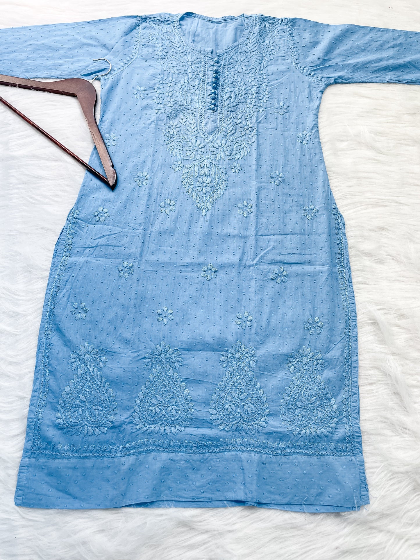 Dyed Cotton Chikankari Kurti & Lycra Pant Set, Pockets Both Side of the Pant