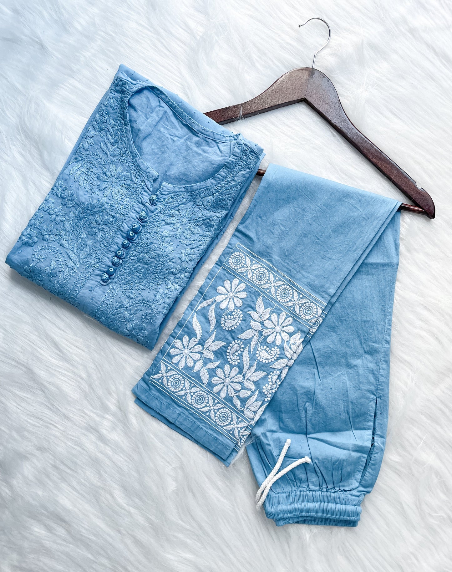 Dyed Cotton Chikankari Kurti & Lycra Pant Set, Pockets Both Side of the Pant