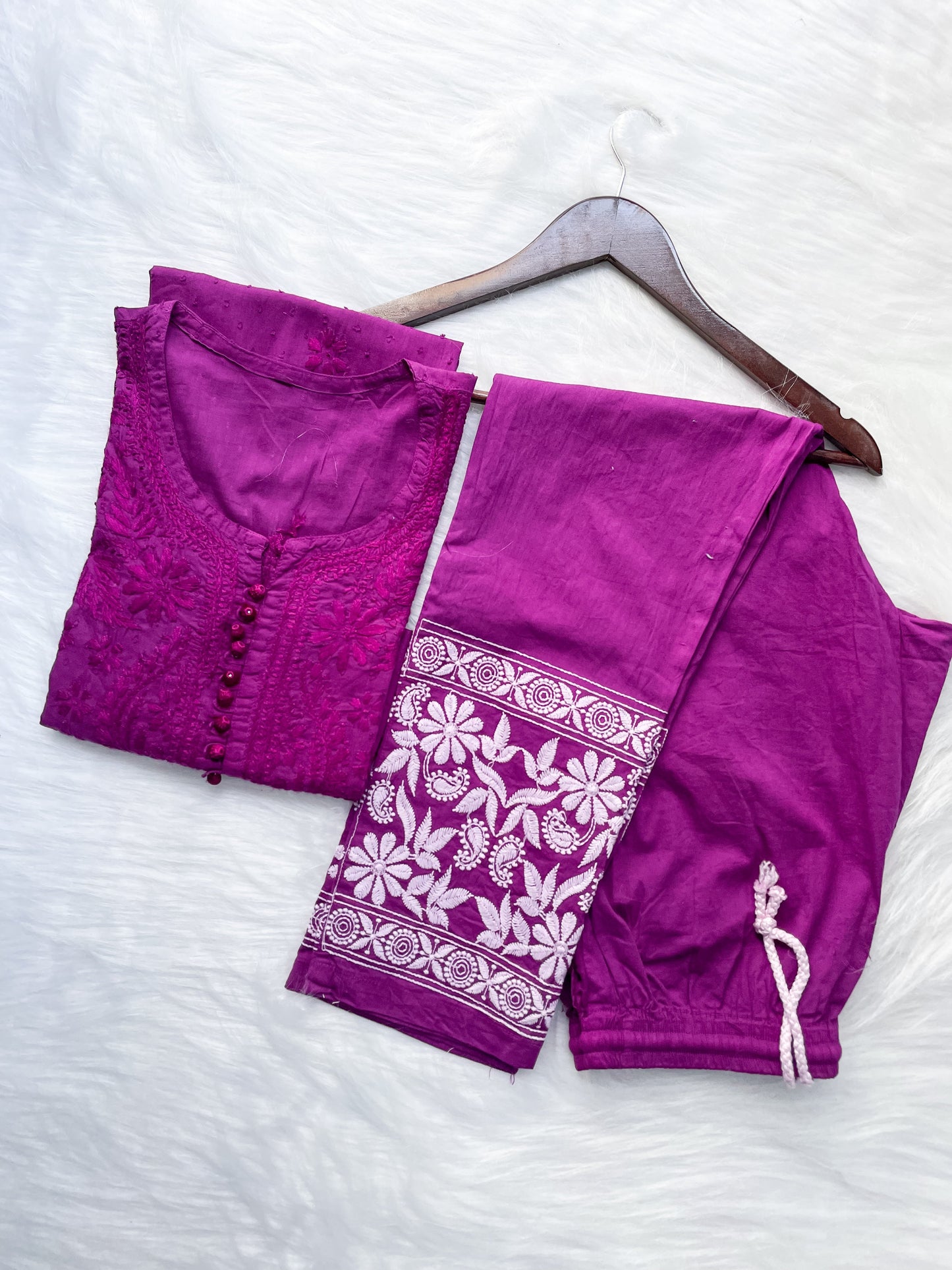 Dyed Cotton Chikankari Kurti & Lycra Pant Set, Pockets Both Side of the Pant