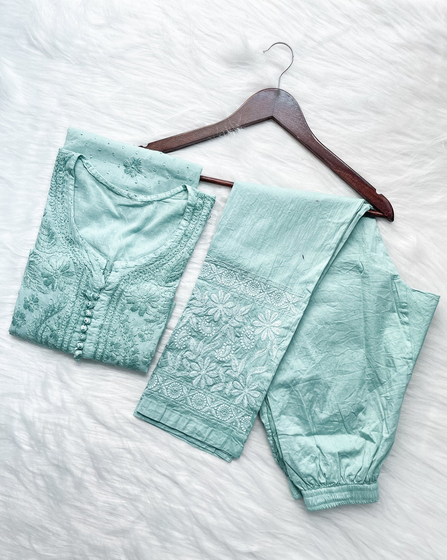Dyed Cotton Chikankari Kurti & Lycra Pant Set, Pockets Both Side of the Pant