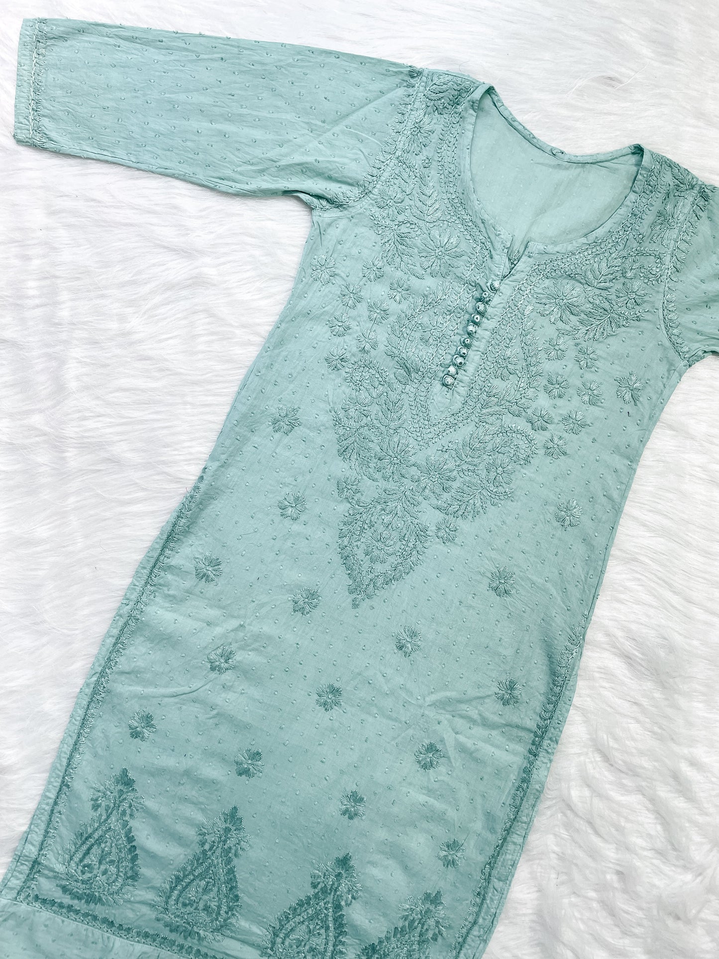 Dyed Cotton Chikankari Kurti & Lycra Pant Set, Pockets Both Side of the Pant