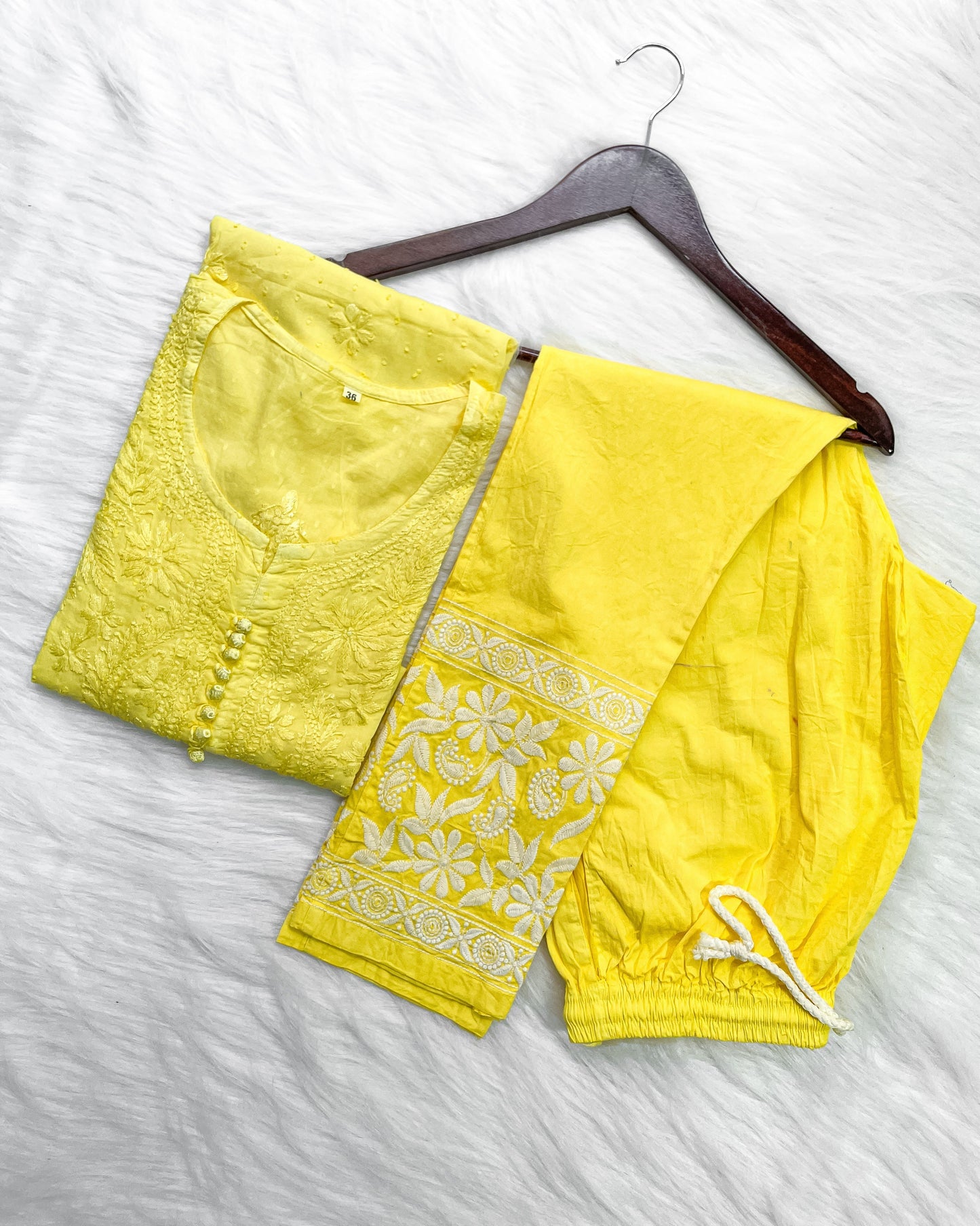 Dyed Cotton Chikankari Kurti & Lycra Pant Set, Pockets Both Side of the Pant