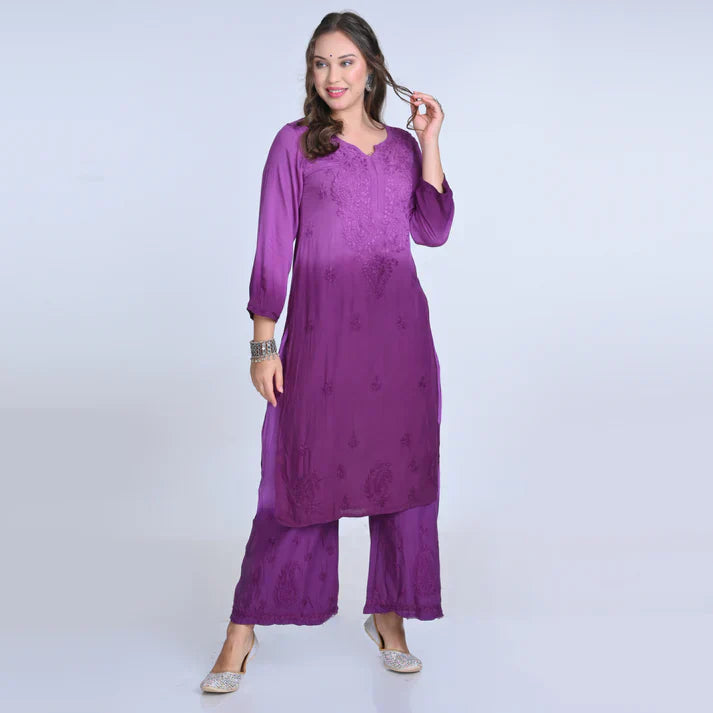 Ombre Dyed Shaded Rayon Chikankari Kurti, Palazzo and Dupatta Set.