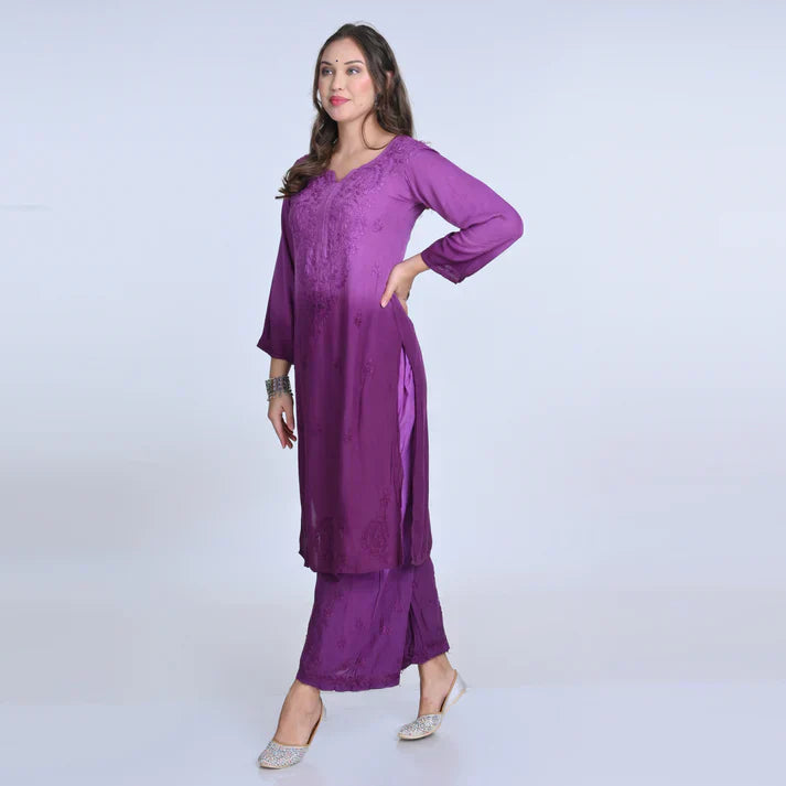Ombre Dyed Shaded Rayon Chikankari Kurti, Palazzo and Dupatta Set.