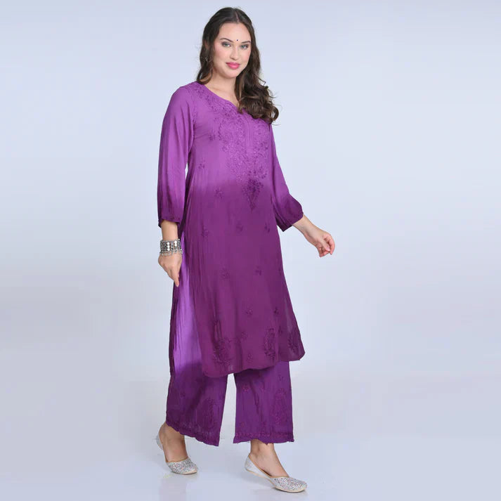 Ombre Dyed Shaded Rayon Chikankari Kurti, Palazzo and Dupatta Set.