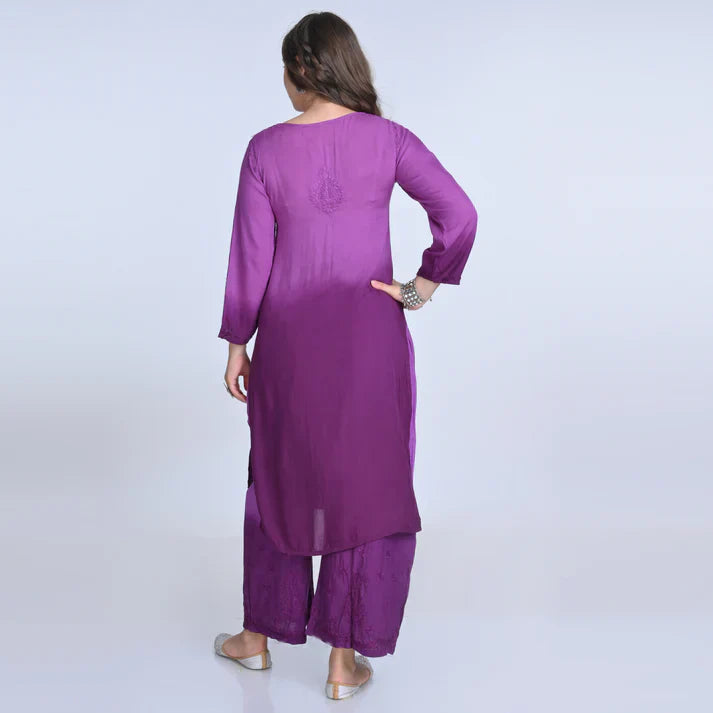 Ombre Dyed Shaded Rayon Chikankari Kurti, Palazzo and Dupatta Set.