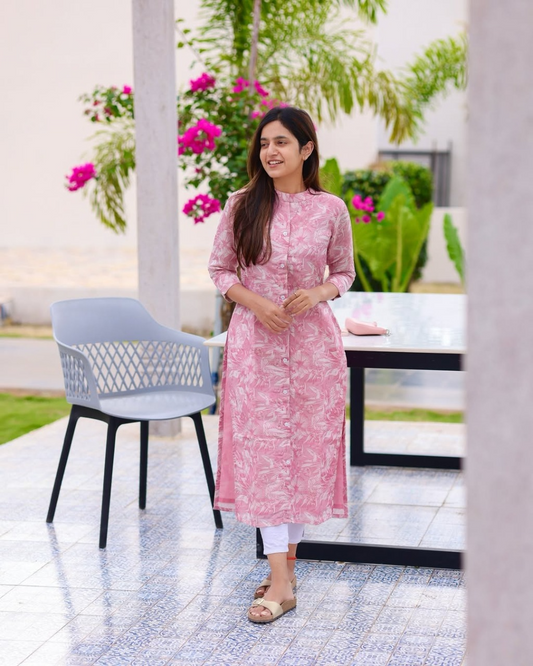 Diya Pink Rose Printed Cotton Kurtis
