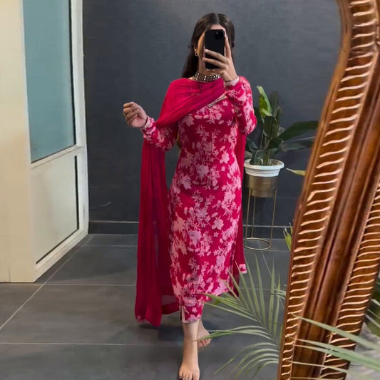 Special Pink Printed Cotton Blossom Kurti Set(3Pc)