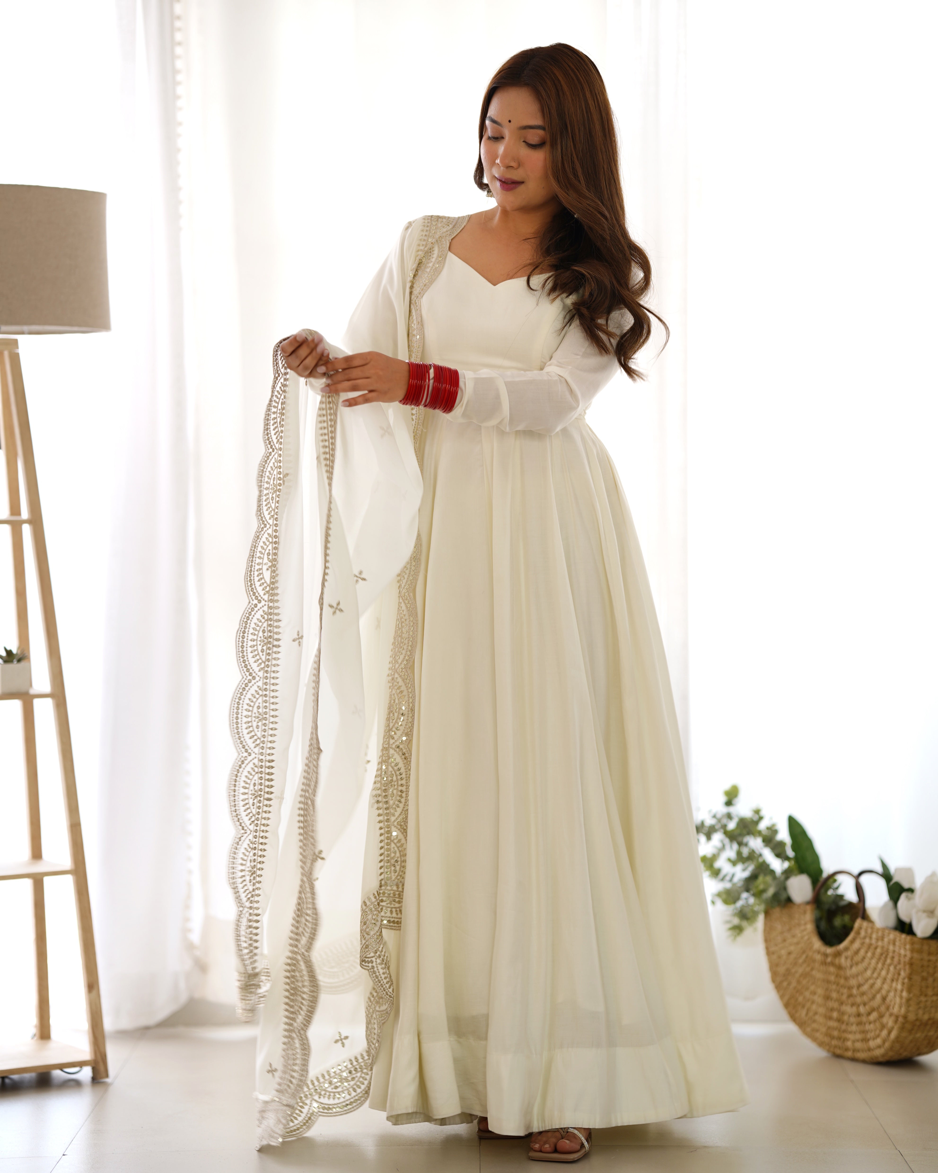 Chanderi Silk Off White Anarkali Gown With Pant & Dupatta Set
